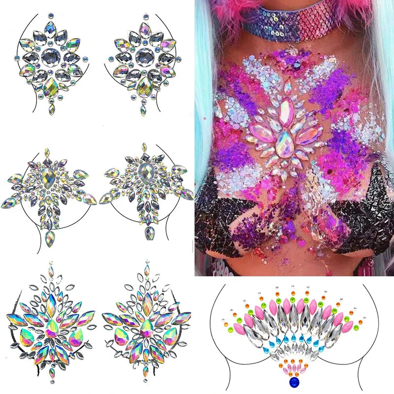 Povei Chest Diamond Sticker 3D Self Adhesive Rhinestones Face Body Makeup Jewels