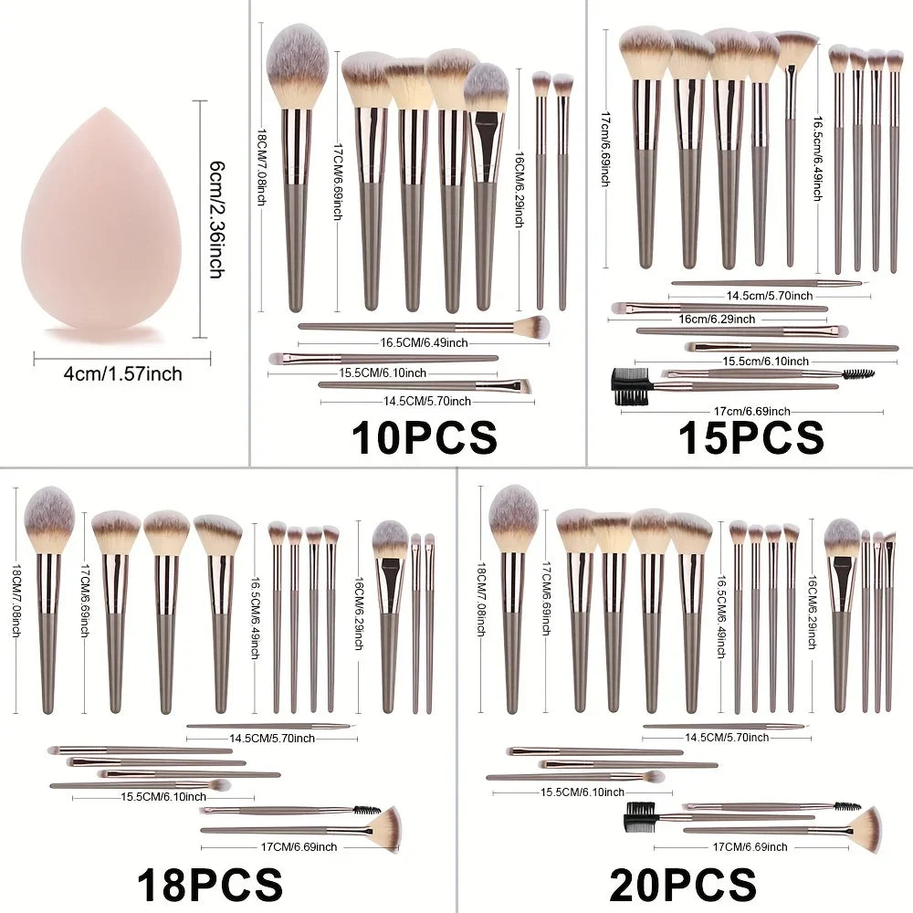 POVEI Champagne Makeup Brush Set for Face and Eyes - 3-20Pcs Beauty Tools