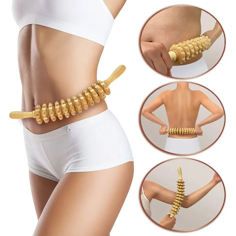 Wooden Curved Massager Roller Stick by Povei: Trigger Point Body Therapy for Pain Relief