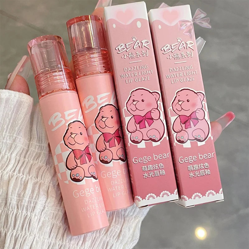 Povei Cute Bear Jelly Lip Gloss Mirror Red Lip Glaze - Moisturizing Liquid Lipstick