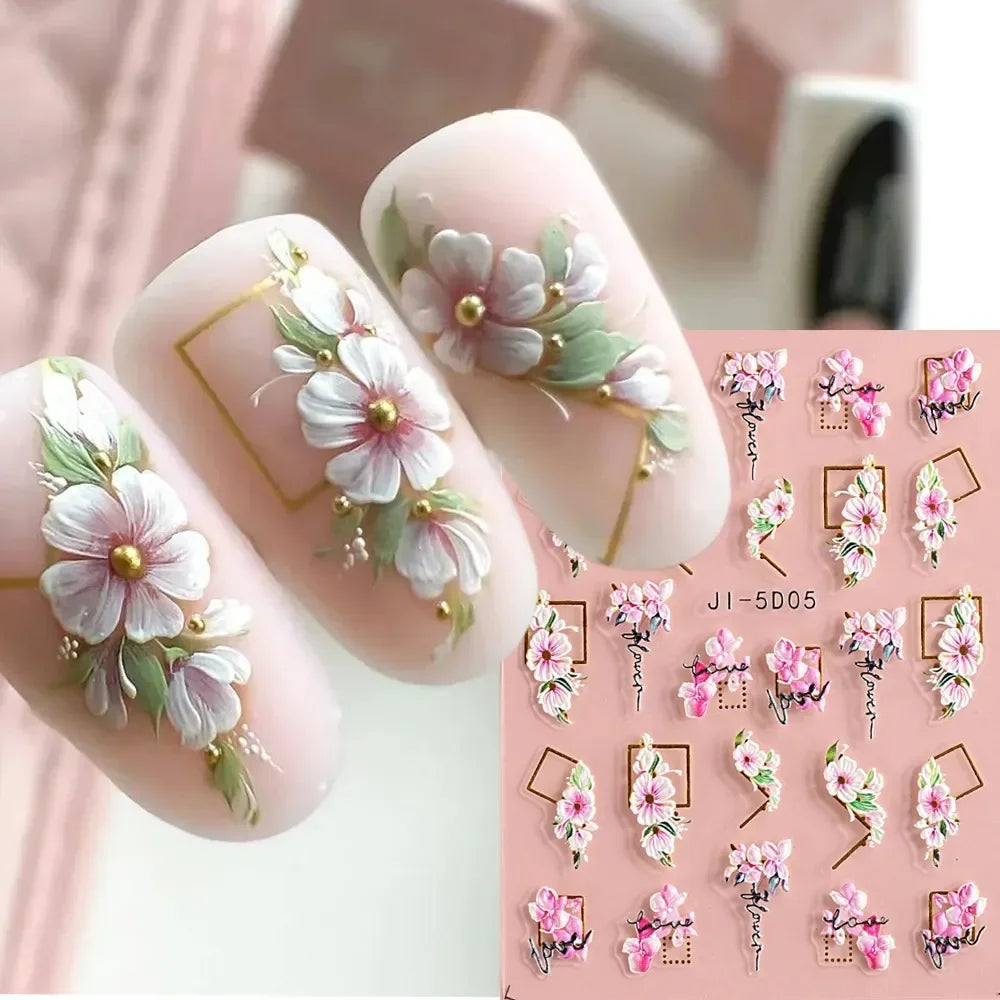 Povei Embossed Gold Frame Nail Stickers Geometric Flowers Manicure Decals