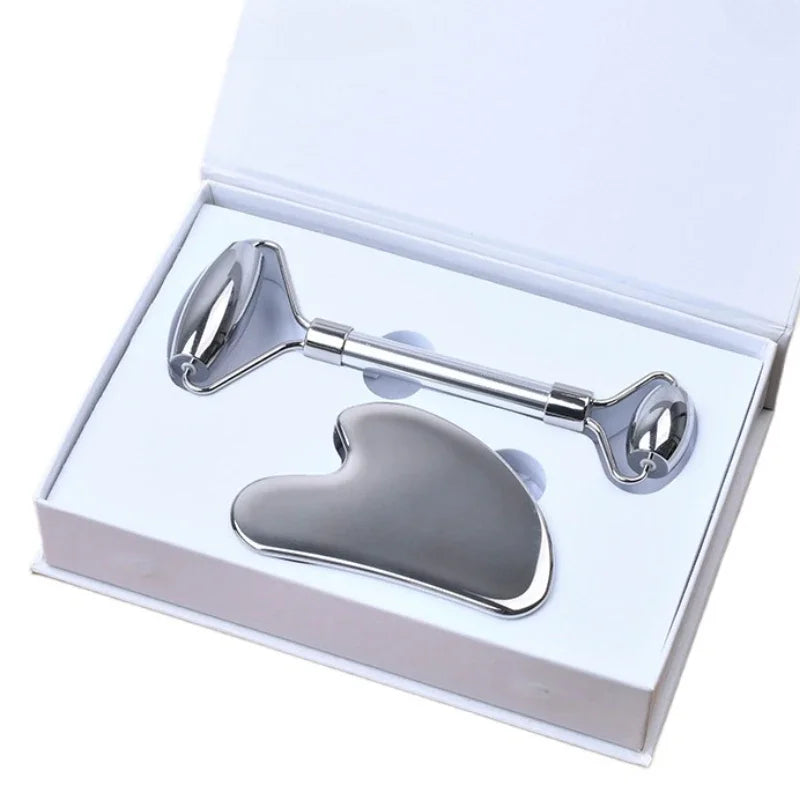 Povei Stainless Steel Facial Roller & Gua Sha Set for Anti-Wrinkle Face Massage