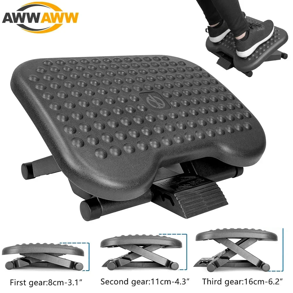 Povei Ergonomic Under Desk Footrest: Adjustable Height Levels, Tilting Foot Stool, Massage Point