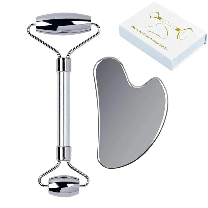 Povei Stainless Steel Facial Roller & Gua Sha Set for Anti-Wrinkle Face Massage