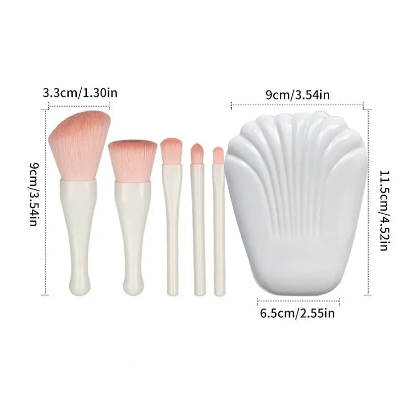 Povei Shell Makeup Brush Set with Mirror - 5-Piece Cosmetic Beauty Tool