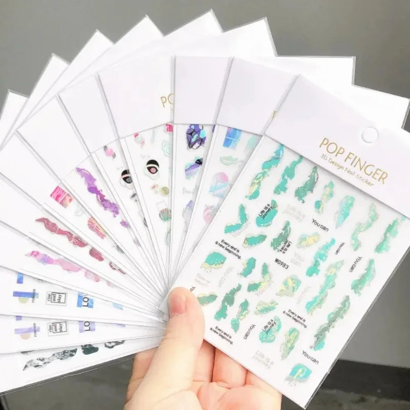 Peacock Green Gold Lines Marble Smoky Nail Art Stickers by Povei