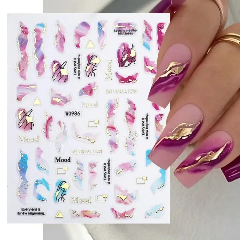 Peacock Green Gold Lines Marble Smoky Nail Art Stickers by Povei