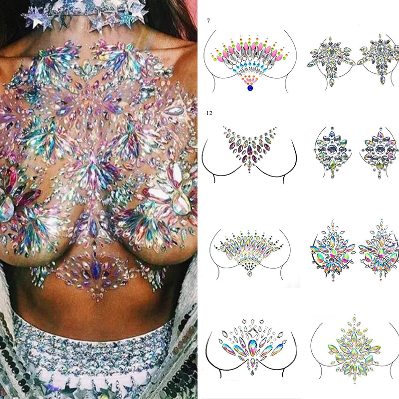 Povei Chest Diamond Sticker 3D Self Adhesive Rhinestones Face Body Makeup Jewels