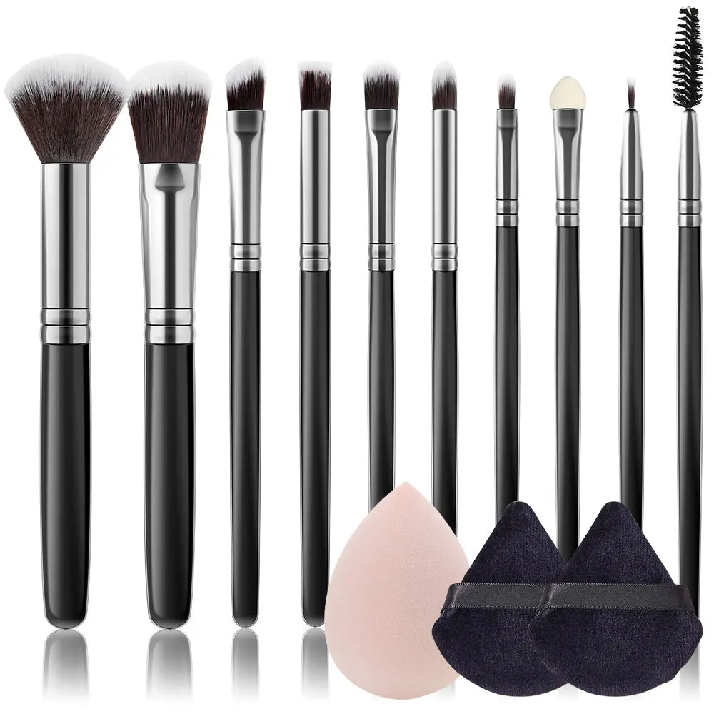 Povei 13-Piece Makeup Beauty Set: 10 Brushes, 2 Powder Puffs, Sponge - Foundation, Blush, Eyeshadow