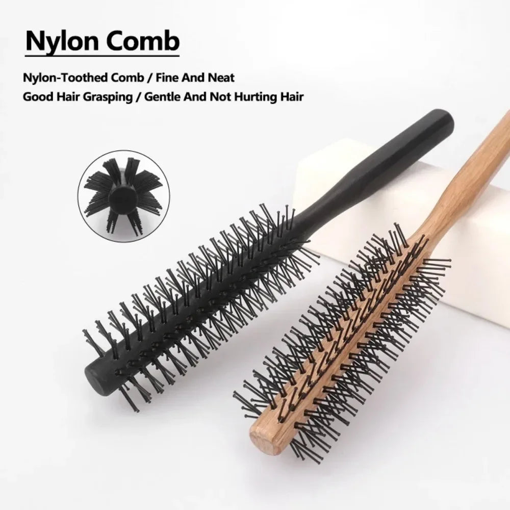 Povei Wood Handle Round Styling Comb for Straight Curly Hair