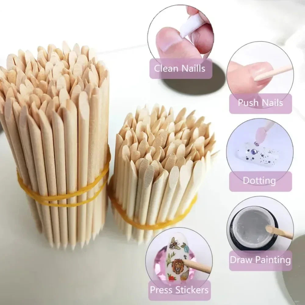 Povei 100PCS Orange Wood Cuticle Pusher Sticks for Nail Art & Manicures