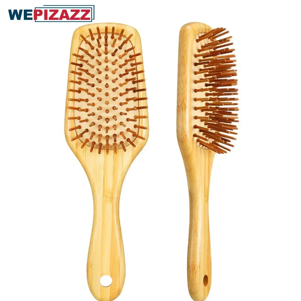 Povei Bamboo Paddle Hair Brush for Women, Thick Bristles, Scalp Massaging Hairbrush