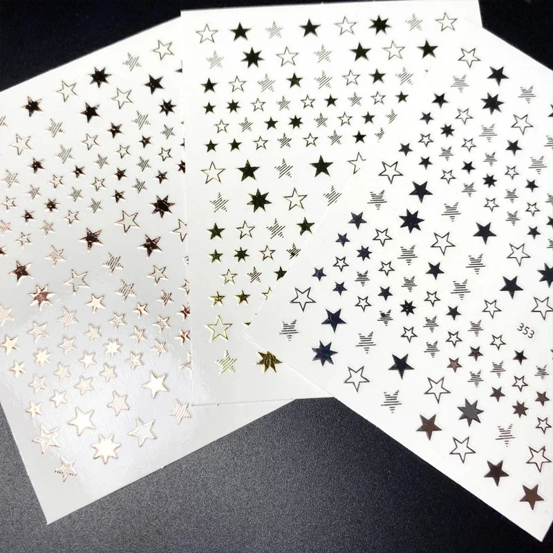 Povei 3D Star Nail Stickers Flash Decoration DIY Transfer Decals Gold Silver