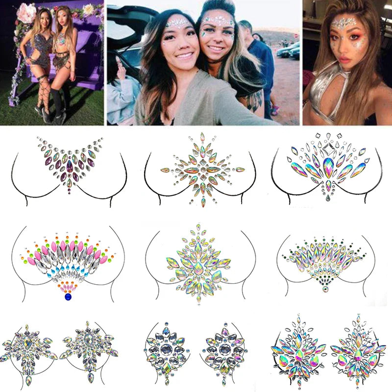 Povei Chest Diamond Sticker 3D Self Adhesive Rhinestones Face Body Makeup Jewels