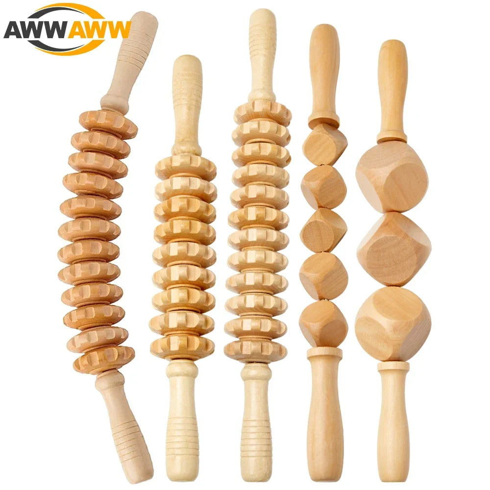 Povei Wood Curved Massage Roller Stick for Cellulite Drainage & Muscle Relaxation