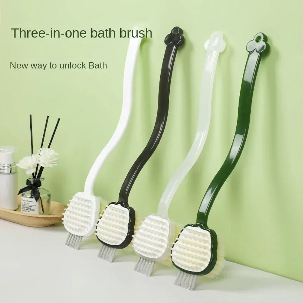 Povei 3-in-1 Bath Brush Shampoo & Body Scrub Massager - Exfoliating, Long Handle