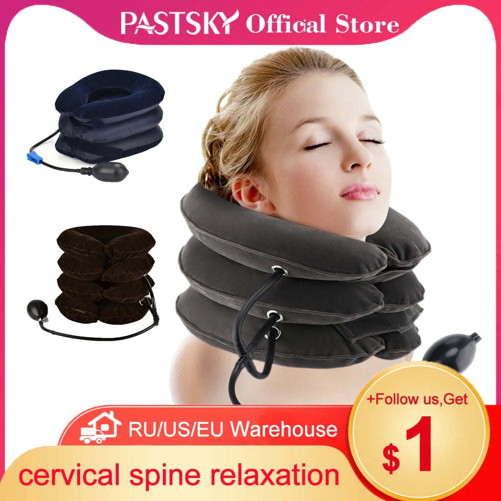 Povei Cervical Support Pillow Neck Massager Air Pump Inflatable Collar Traction Brace