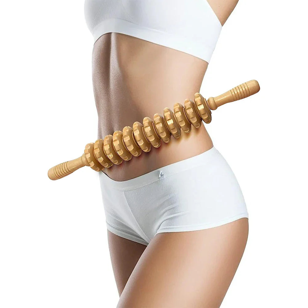 Povei 12-Roller Wooden Massager Stick for Body Therapy and Pain Relief