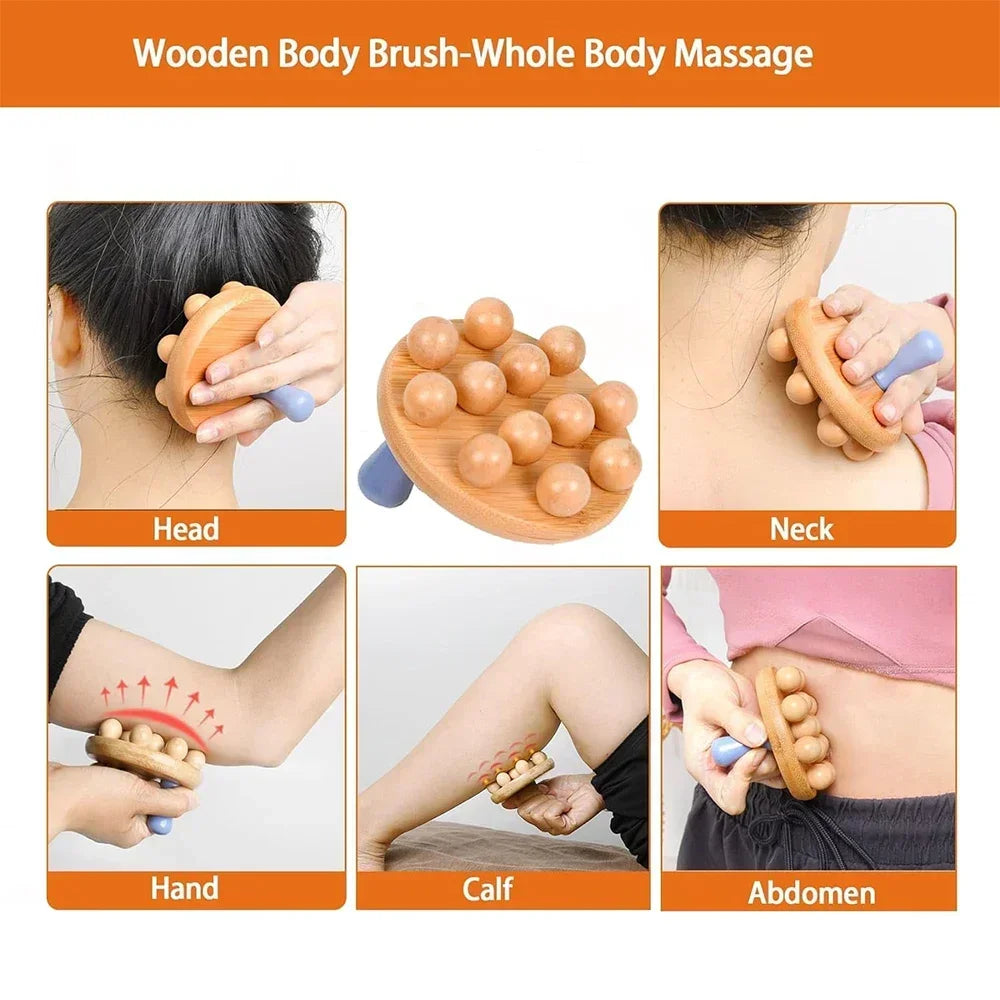 Povei Wooden Body Massage Brush for Cellulite, Lymphatic Drainage & Body Shaping