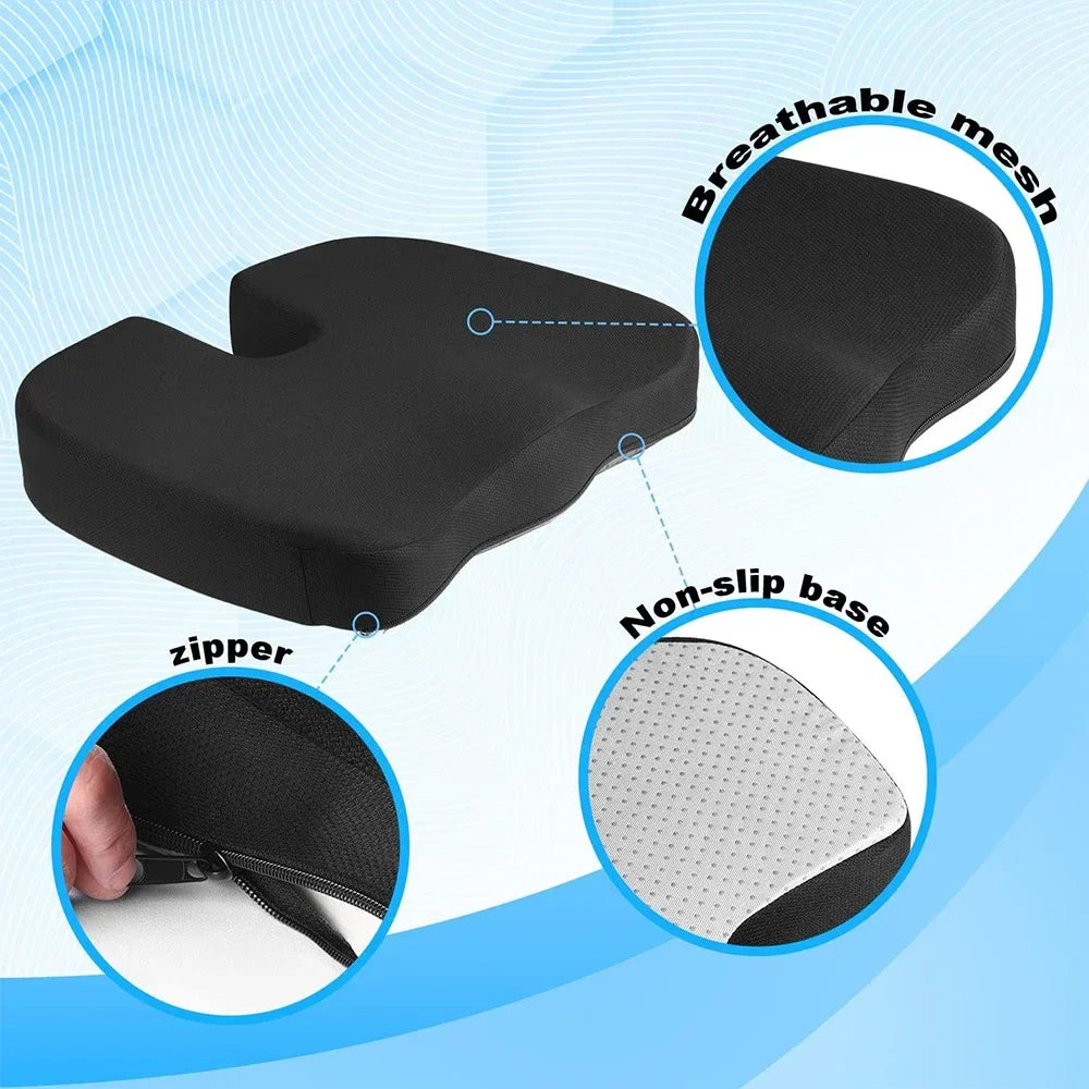 Povei Orthopedic Memory Foam Seat Cushion for Office & Car Chairs, Non-Slip Design