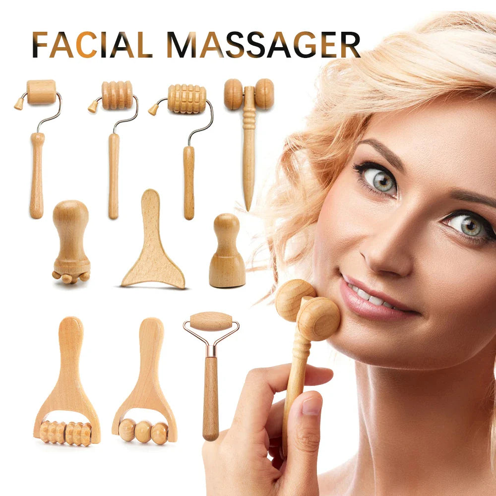 Povei Wood Therapy Face Roller Gua Sha Scraper Facial Lifting Wrinkle Remover