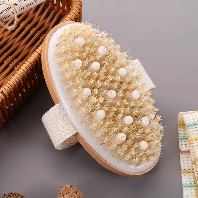 Povei Dry Skin Body Massage Brush Natural Bristle Exfoliates Anti Cellulite Blood Circulation