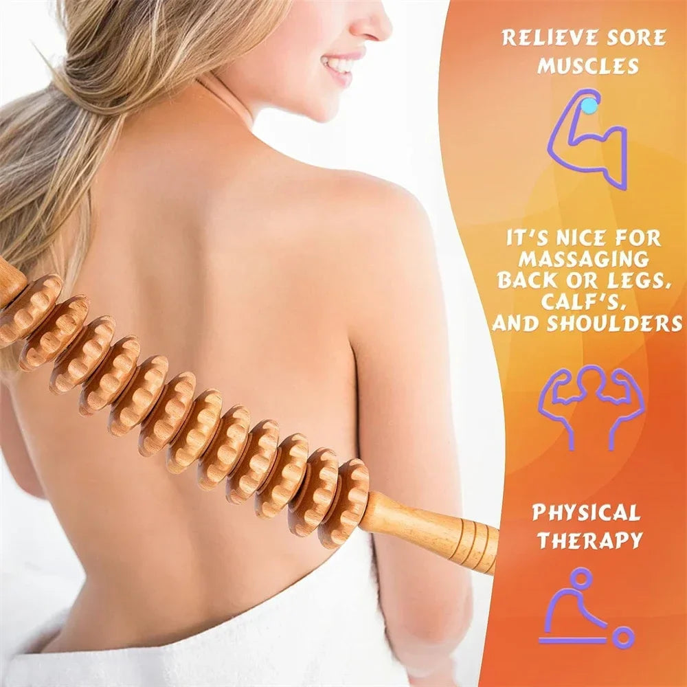 Povei Curved Wood Therapy Massage Roller for Cellulite Relief and Muscle Stress Release.