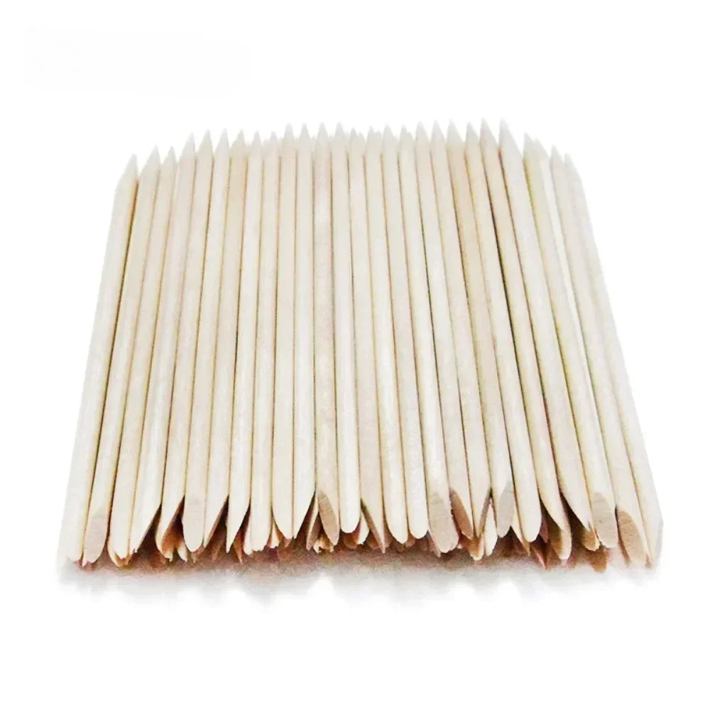 Povei 100PCS Orange Wood Cuticle Pusher Sticks for Nail Art & Manicures