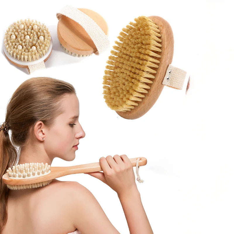 Povei Dry Skin Body Brush: Natural Bristle, Anti Cellulite, Exfoliates, Massage Tool