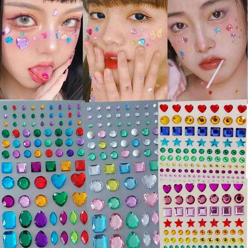 Povei 3D Face Jewels Rhinestone Mixed Jewelry Stickers Face Gems Eyebrow Nail Craft