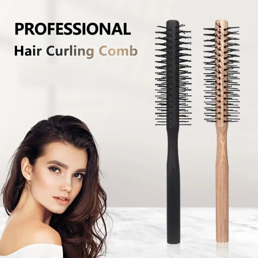 Povei Wood Handle Round Styling Comb for Straight Curly Hair