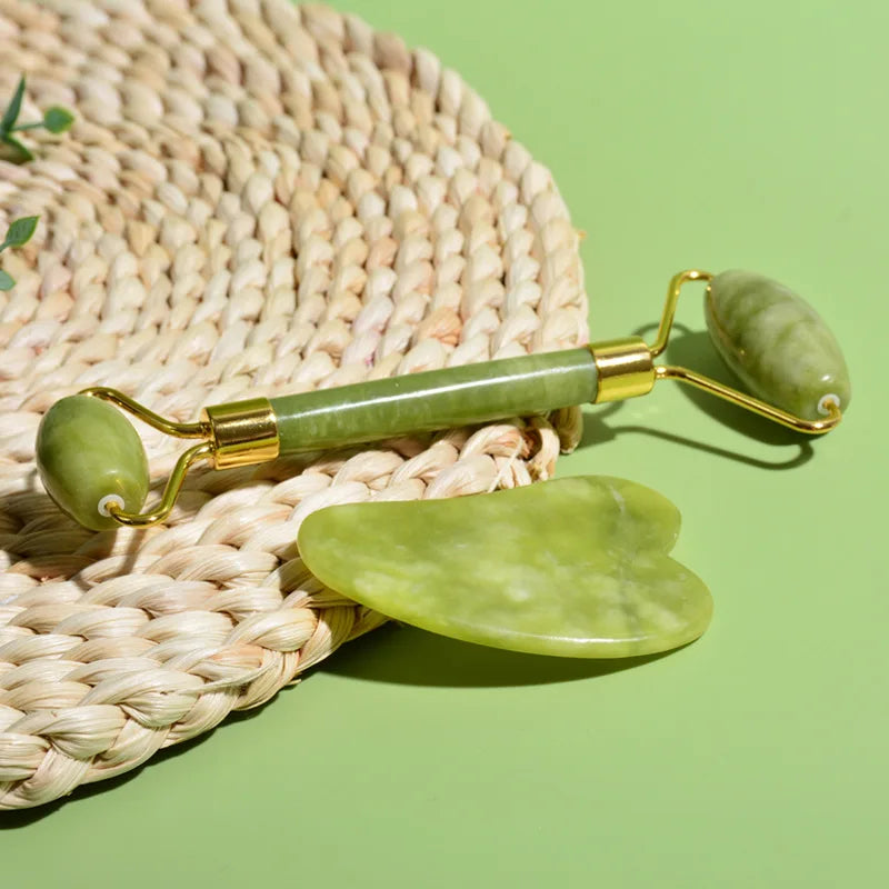 Povei Jade Roller & Gua Sha Set for Face & Body Massage