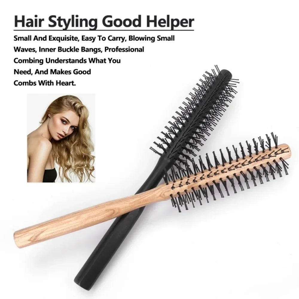 Povei Wood Handle Round Styling Comb for Straight Curly Hair