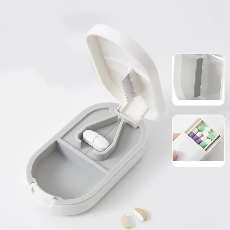 Povei Portable Pill Cutter Box Sealed Medicine Holder Splitter Transparent Box