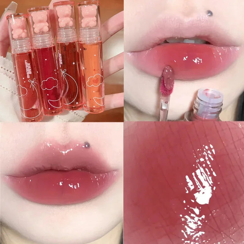 Povei Crystal Pink Bear Lip Gloss - Long-Lasting Mirror Lipstick