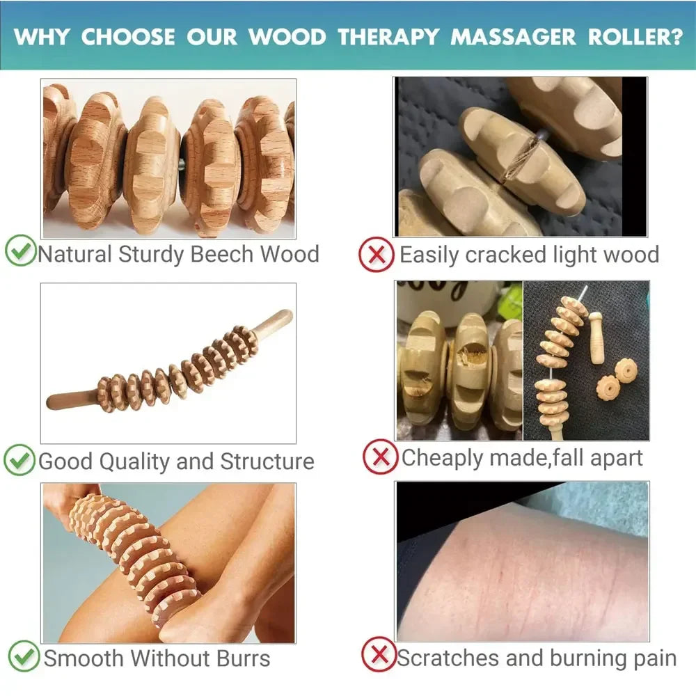 Povei Curved Wood Therapy Massage Roller for Cellulite Relief and Muscle Stress Release.