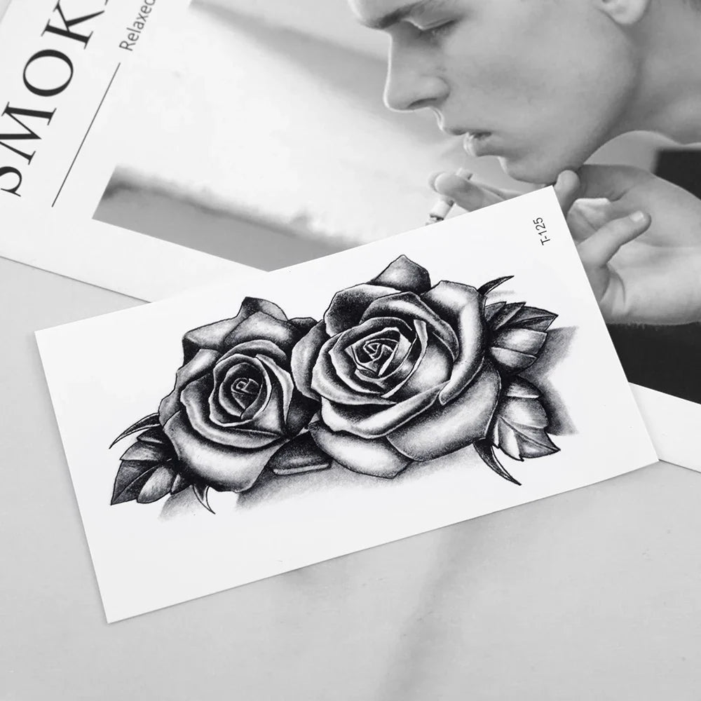 Povei Double Rose Temporary Tattoo Sticker - Waterproof Flower Flash Body Art