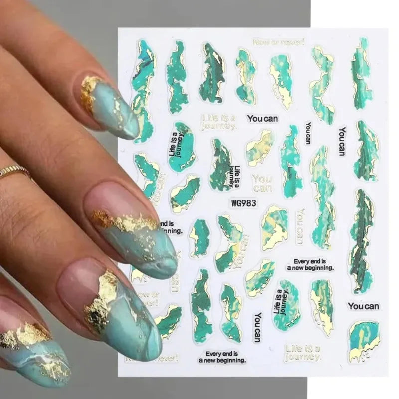 Peacock Green Gold Lines Marble Smoky Nail Art Stickers by Povei