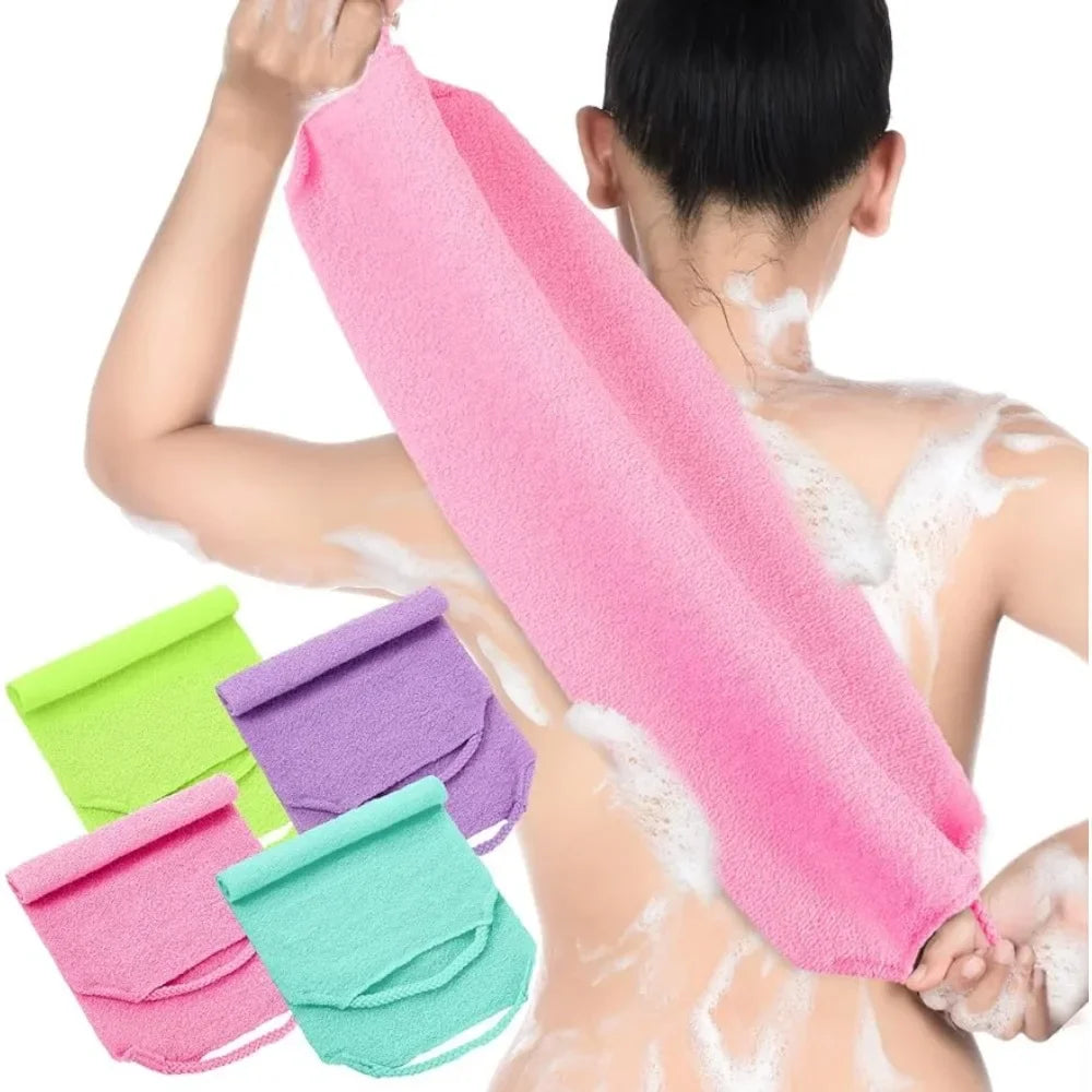 Povei Nylon Back Exfoliator Scrubber with Extended Length and Stretchable Pull Strap