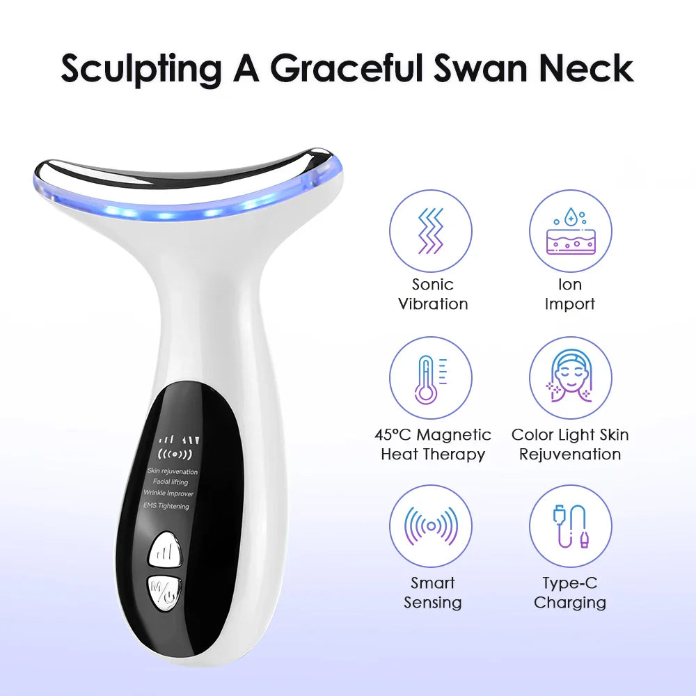 Povei EMS Microcurrent Face Neck Lifting Beauty Device with Hot Compress LED Photon