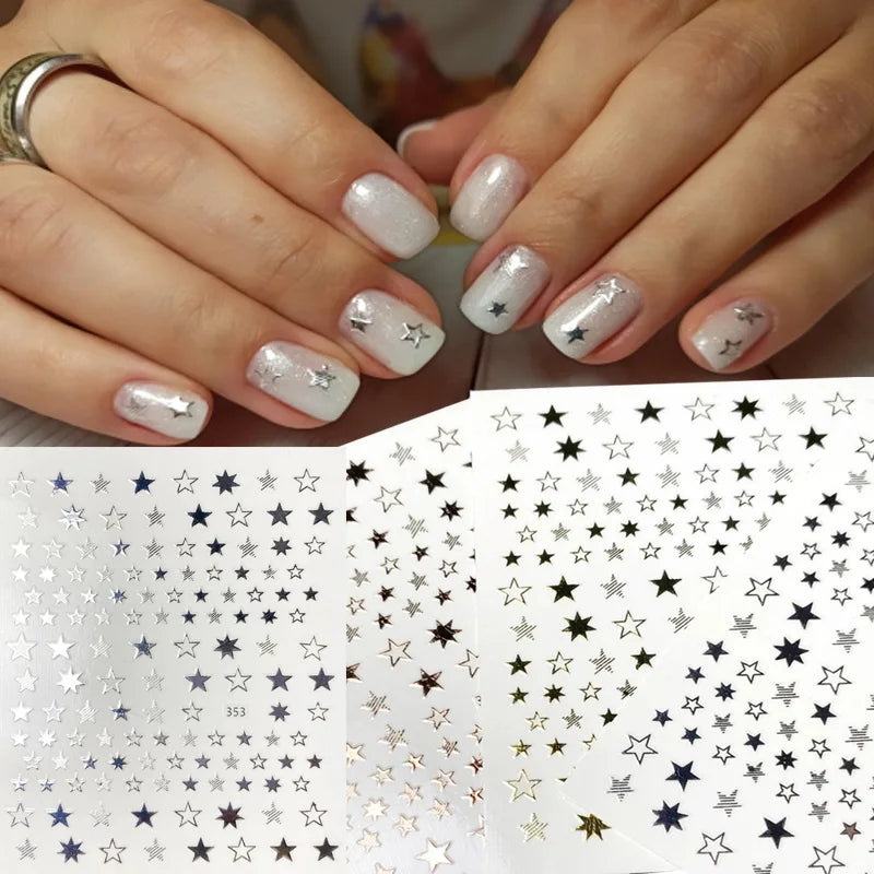 Povei 3D Star Nail Stickers Flash Decoration DIY Transfer Decals Gold Silver