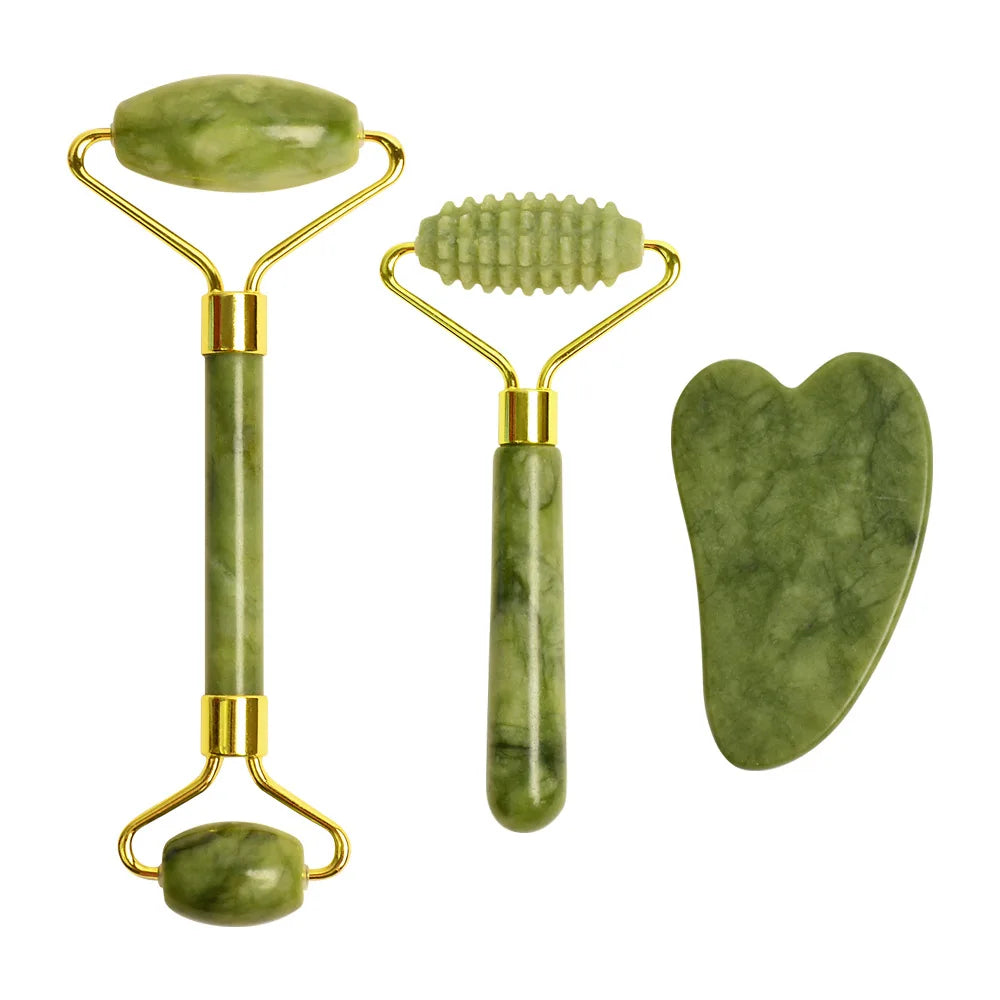 Povei Jade Roller & Gua Sha Set for Facial and Body Massage