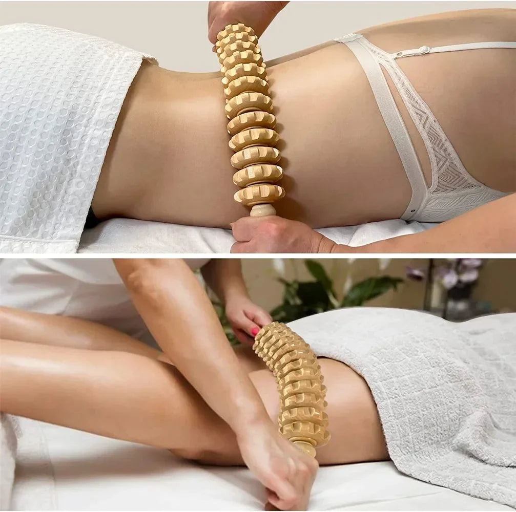 Povei Wood Curved Massage Roller Stick for Cellulite Drainage & Muscle Relaxation