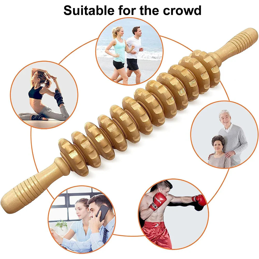 Povei 12-Roller Wooden Massager Stick for Body Therapy and Pain Relief