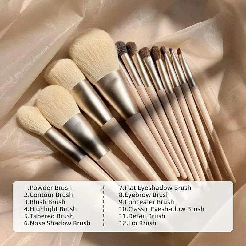 Povei 12pcs Makeup Brush Set Fluffy Blush Powder Eye Shadow Foundation Beauty Kit