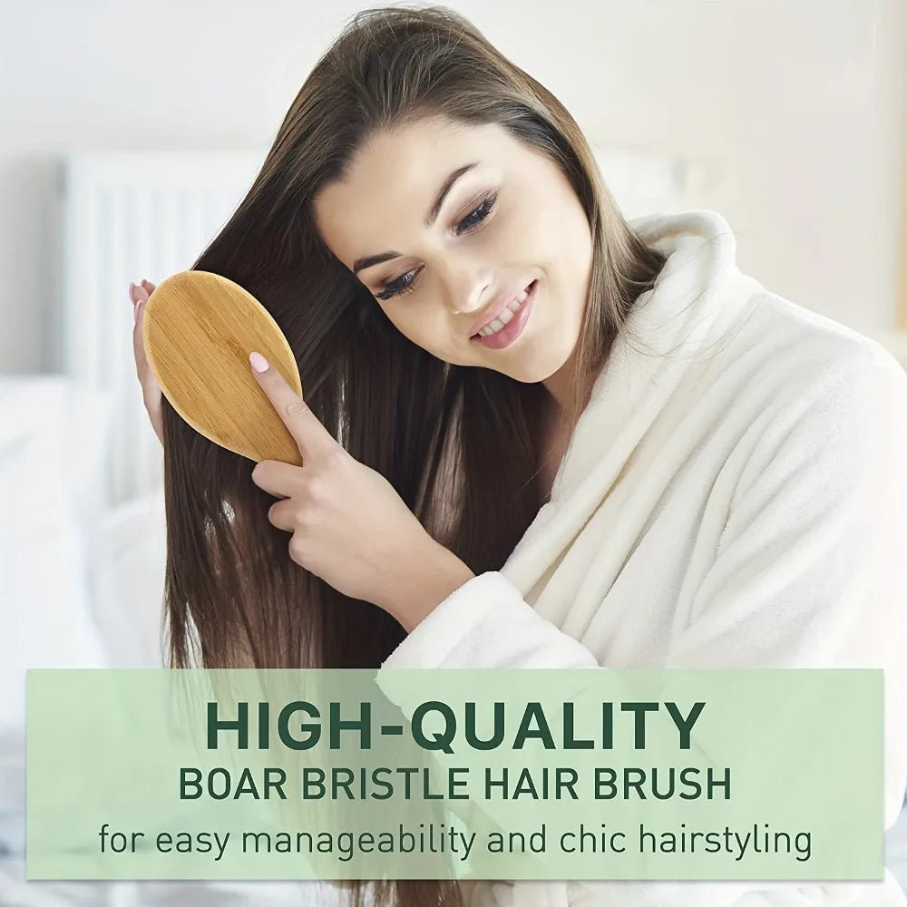 Povei Bamboo Boar Bristle Hair Brush Gasbag Detangling Comb Scalp Massage Styling Brush