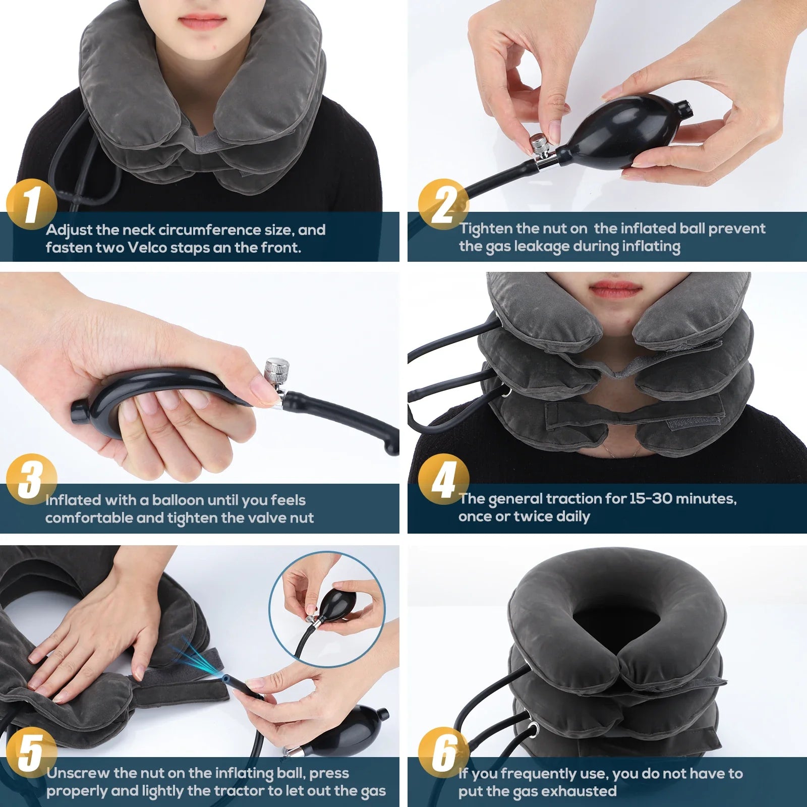 Povei Cervical Support Pillow Neck Massager Air Pump Inflatable Collar Traction Brace