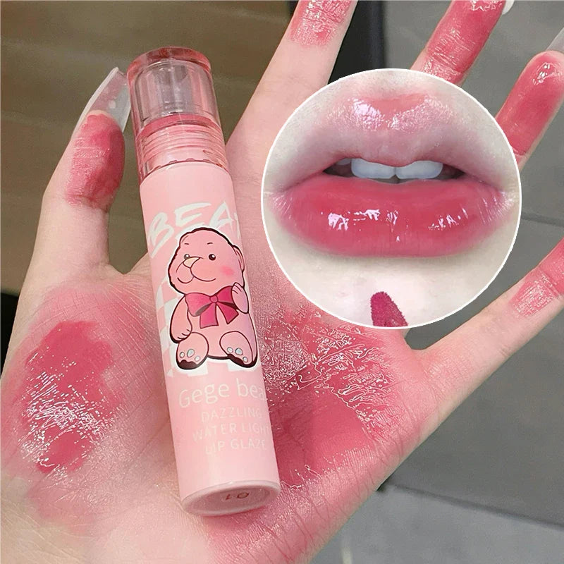 Povei Cute Bear Jelly Lip Gloss Mirror Red Lip Glaze - Moisturizing Liquid Lipstick